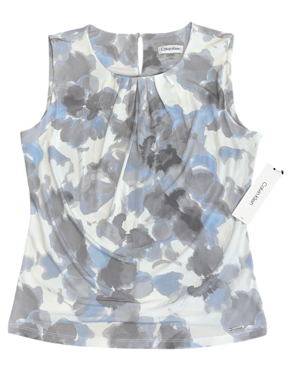 Calvin Klein White Grey Floral Gathered Sleeveless Tank Dressy Blouse NWT Small